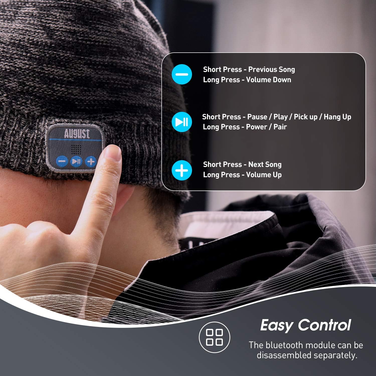 August EPA20 – Bluetooth Cap – Winter Beanie Hat with Bluetooth Stereo Headphones, Microphone, Hands Free System and Rechargeable battery – Compatible with Smartphones, Laptops, Tablets (COBALT)