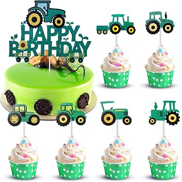 Green Tractor Happy Birthday Cake Topper - Farm Truck Boys Birthday Party Cake Topper - Kids Farm Vehicle Birthday Party Supplies