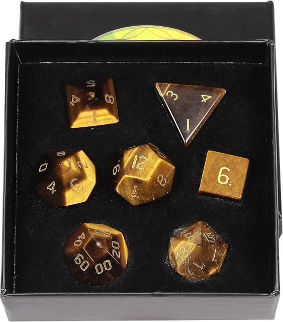 Amogeeli 7 PCS Healing Crystal Polyhedral DND Dice Set for Table Games MTG, Polished Stone RPG Dices Home Decoration Stones Collection (Tiger's Eye Stone)