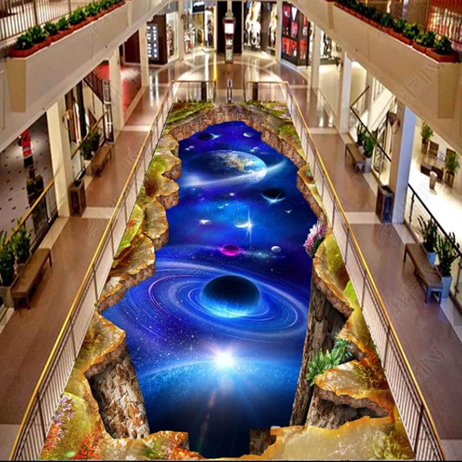 Alfombra de pasillo 3D con efecto óptico estéreo y diseño espacial azul para suelos modernos