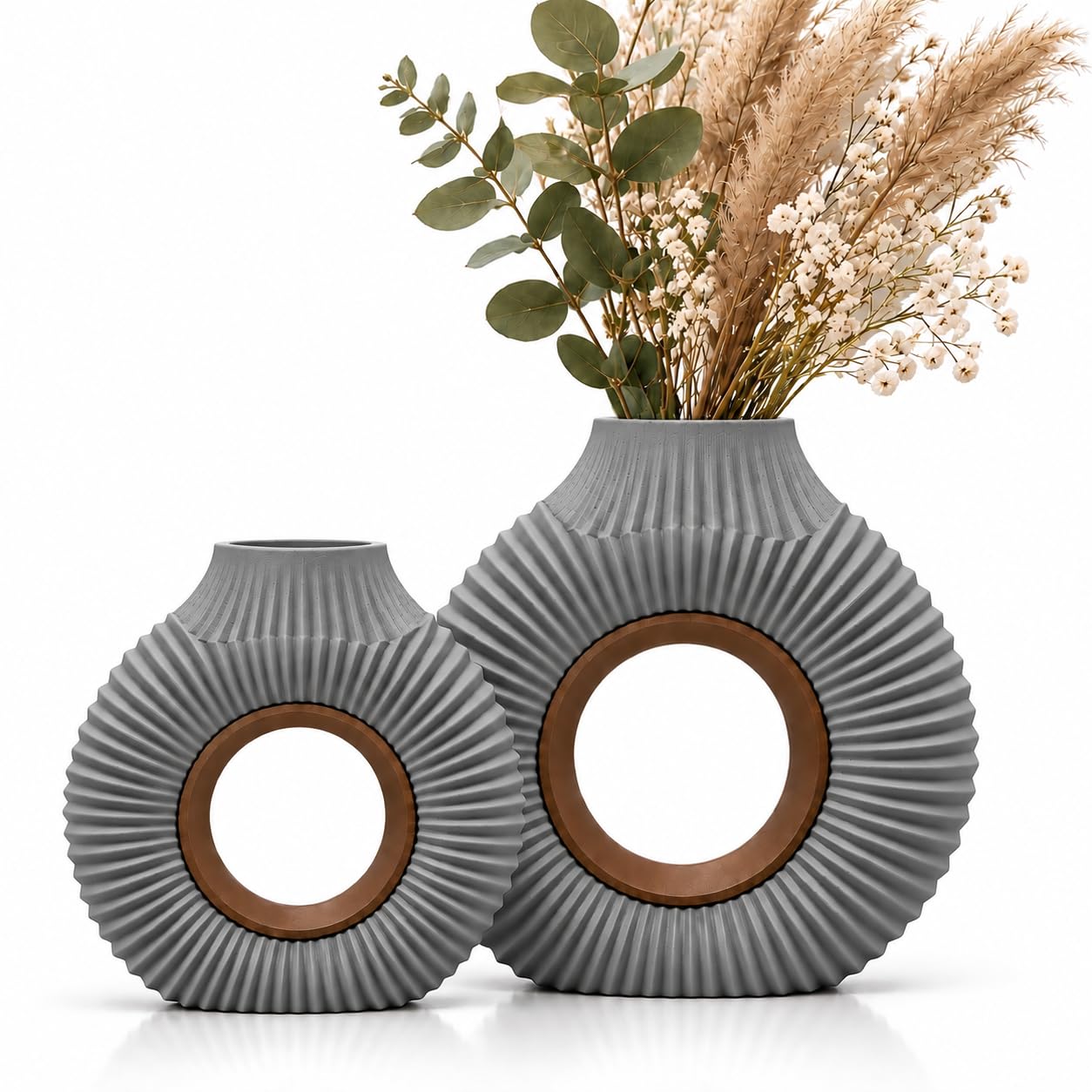 R&R Rivello Modern Decorative Vase Set of 2, Ribbed Donut, Grey