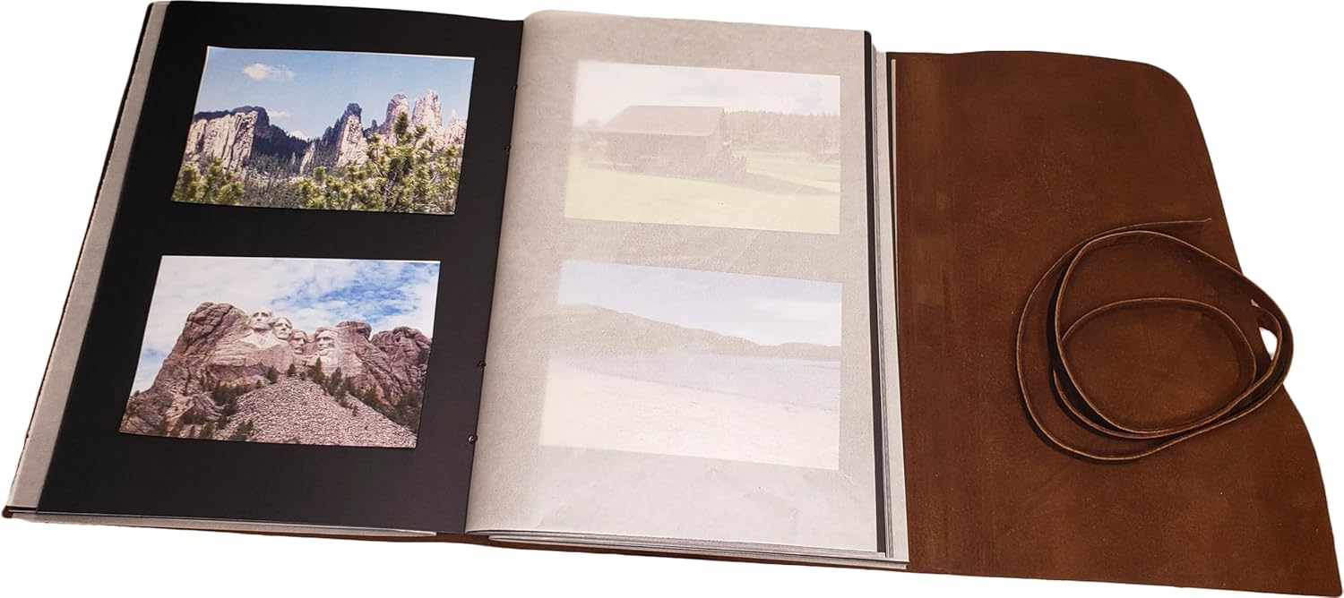 Large Vintage Leather Photo Album with Black Pages - Scrapbook Style Pages with Gift Box - Holds 100 4x6 or 5x7 Photos
