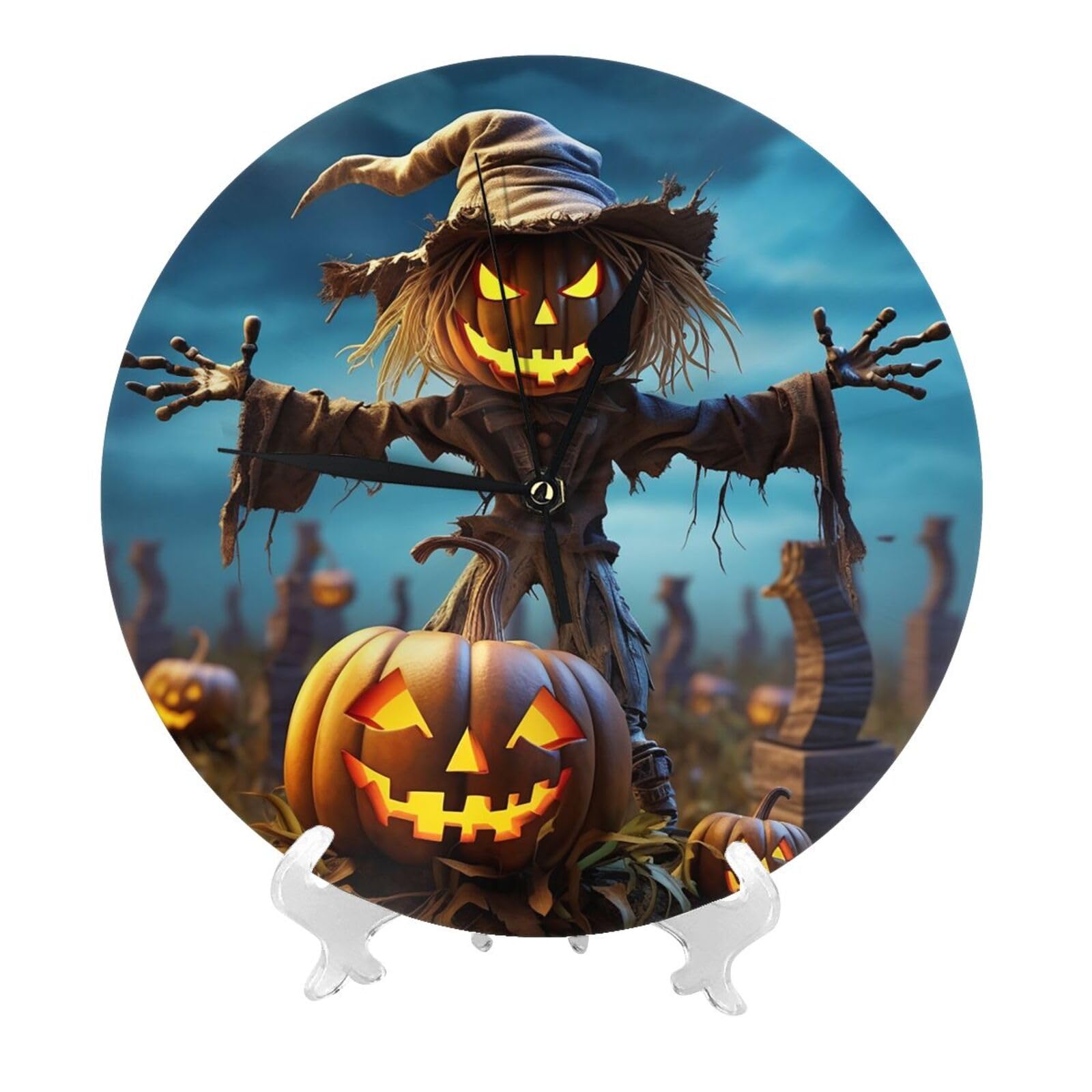 DWVTSLH Funny Pumpkin Scarecrow Wall Clock 10 Inch Silent Non-Ticking Modern Clocks Battery Operated - Decorative Wall Clocks for Bedroom Living Room Kitchen Office Wall Decor Gift Idea