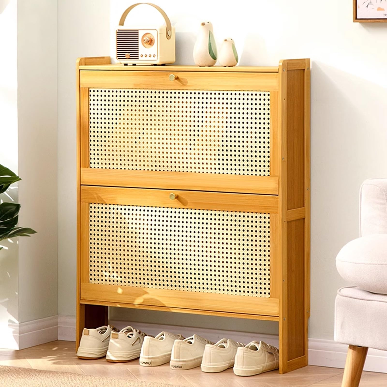 SVFOEBJM Shoe Storage Cabinet, Shoe Cabinet for Entryway Narrow, Plastic Rattan Shoe Cabinet, Freestanding Wooden Shoe Rack Storage Cabinet for Entryway Hallway Bedroom