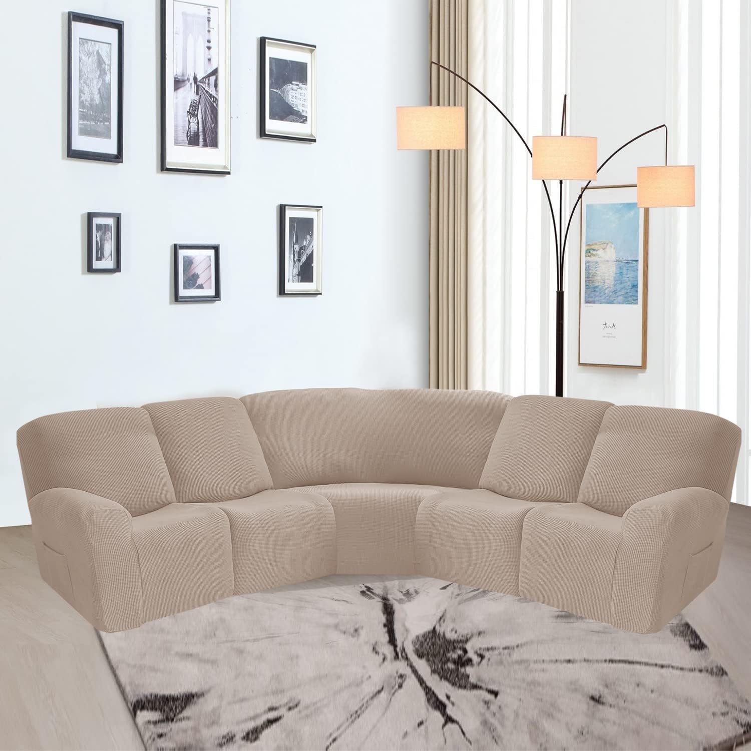 OKYUK Recliner Corner Sofa Cover, 5 Seats Jacquard Stretch Corner Sofa Covers for Reclining L Shape Sofa Slipcovers Thick, Soft, Washable Durable Furniture Protector (Jacquard - Khaki)