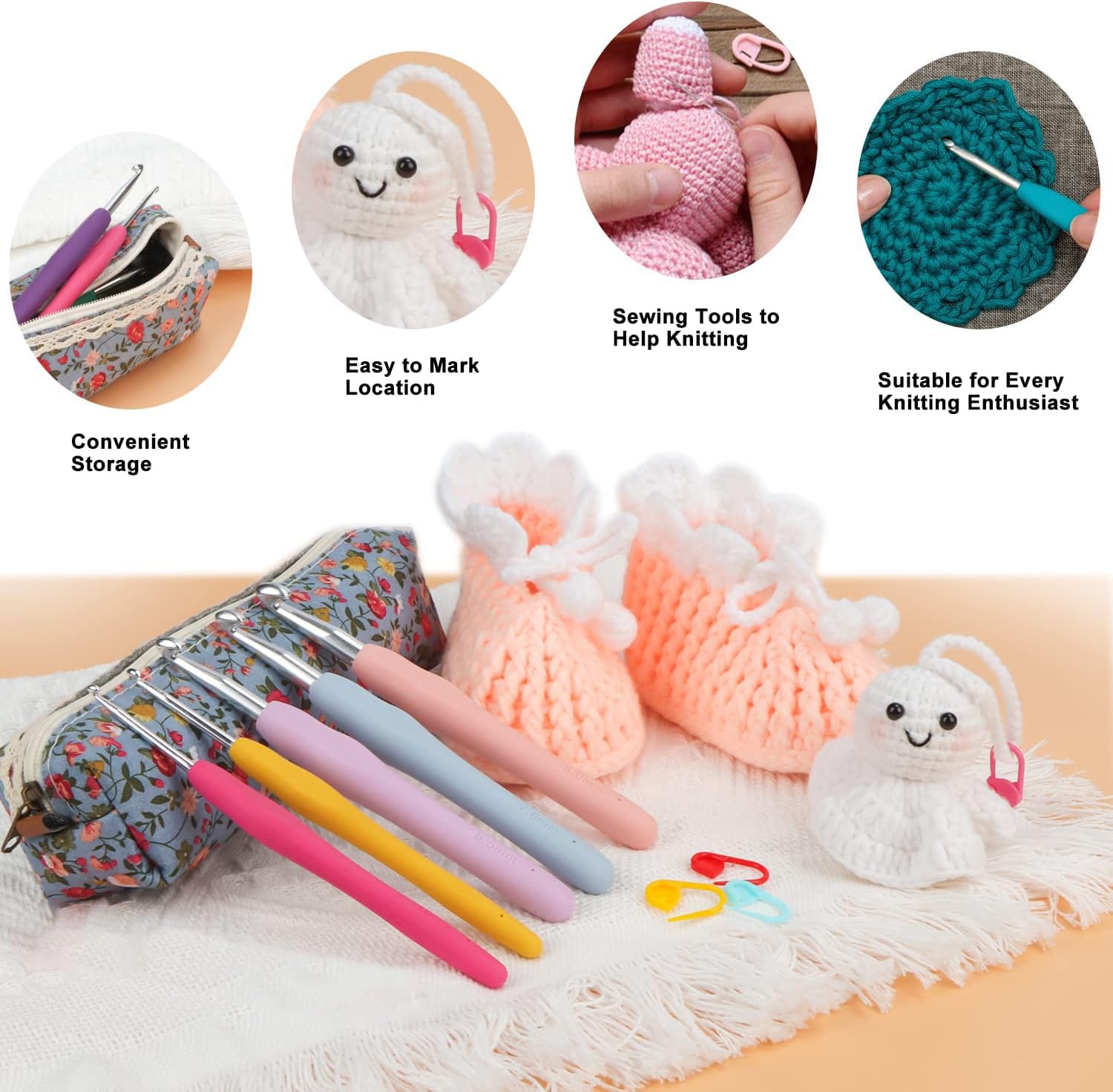 EIYVPRA Häkelnadel Set 9-teilig Mit 5 Häkelringen - Aluminium Mit Gummigriff