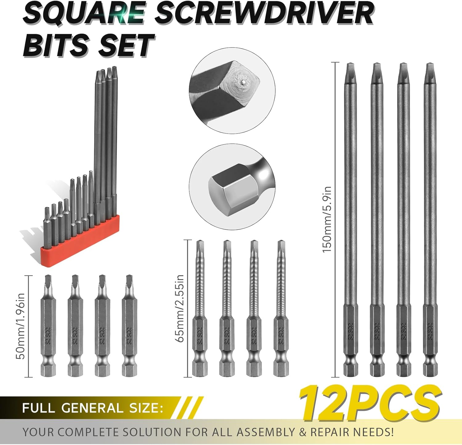 Square Drive Bits 12pcs Magnetic Square Head Screwdriver Bits SQ2 High Magnetic Drill Bit Set (50mm 65mm 150mm) for Power Screwdriver Drill Impact Driver