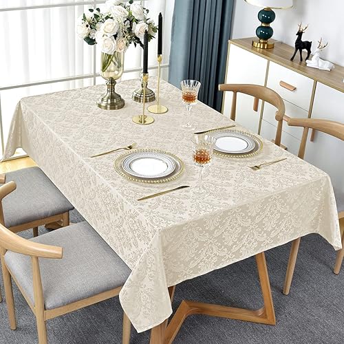 Miniatura 3 de SASTYBALE Mantel rectangular de jacquard de 60 x 84 pulgadas, color beige, resistente al polvo, damasco, mantel de tela lavable para comedor,