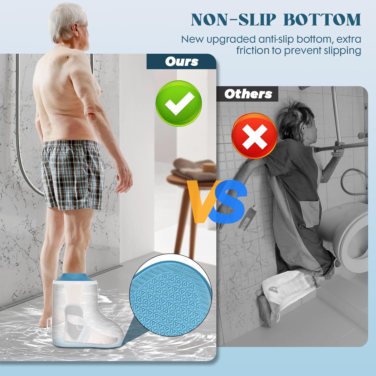 防水フットキャストカバー シャワー大人用 アップグレードされた滑り止めパッド付きボトム、再利用可能なフットアンクルキャストプロテクタ