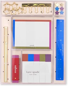 kate spade new york Stationery Tackle Box, Office Supplies Set and Organizer with Note Pages, Ruler, Pen, Paper Clip, Eraser, Page Flags, and Push Pins, Noted