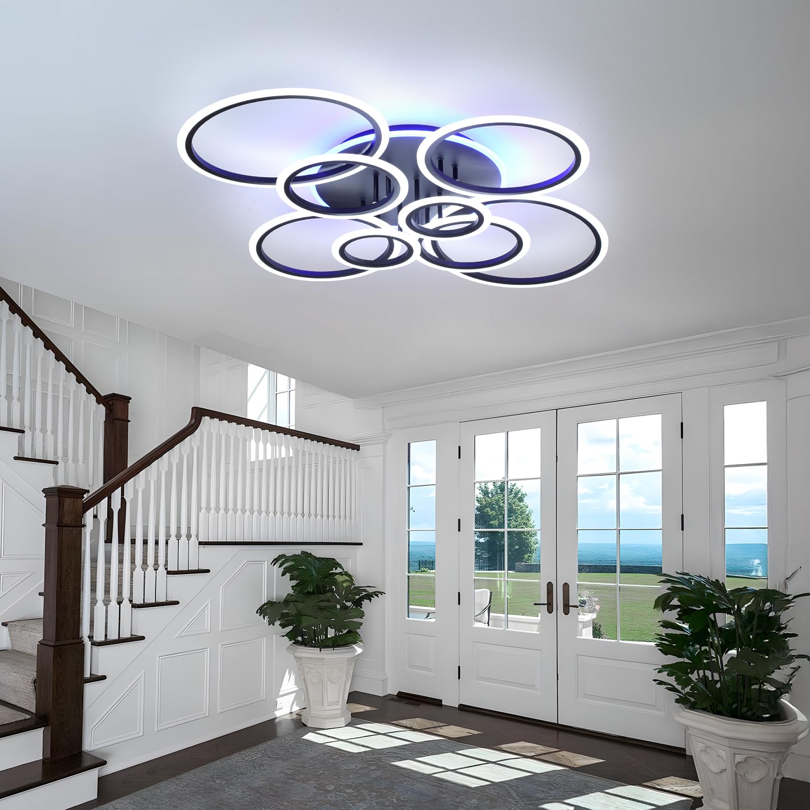 LED Deckenleuchte Schwarz 80W,8-Ringe Deckenlampe Dimmbar | 3000-6000K Moderne Wohnzimmer Deckenleuchte mit Fernbedienung und Memory Funktion,105×85cm für Schlafzimmer Küche Flur