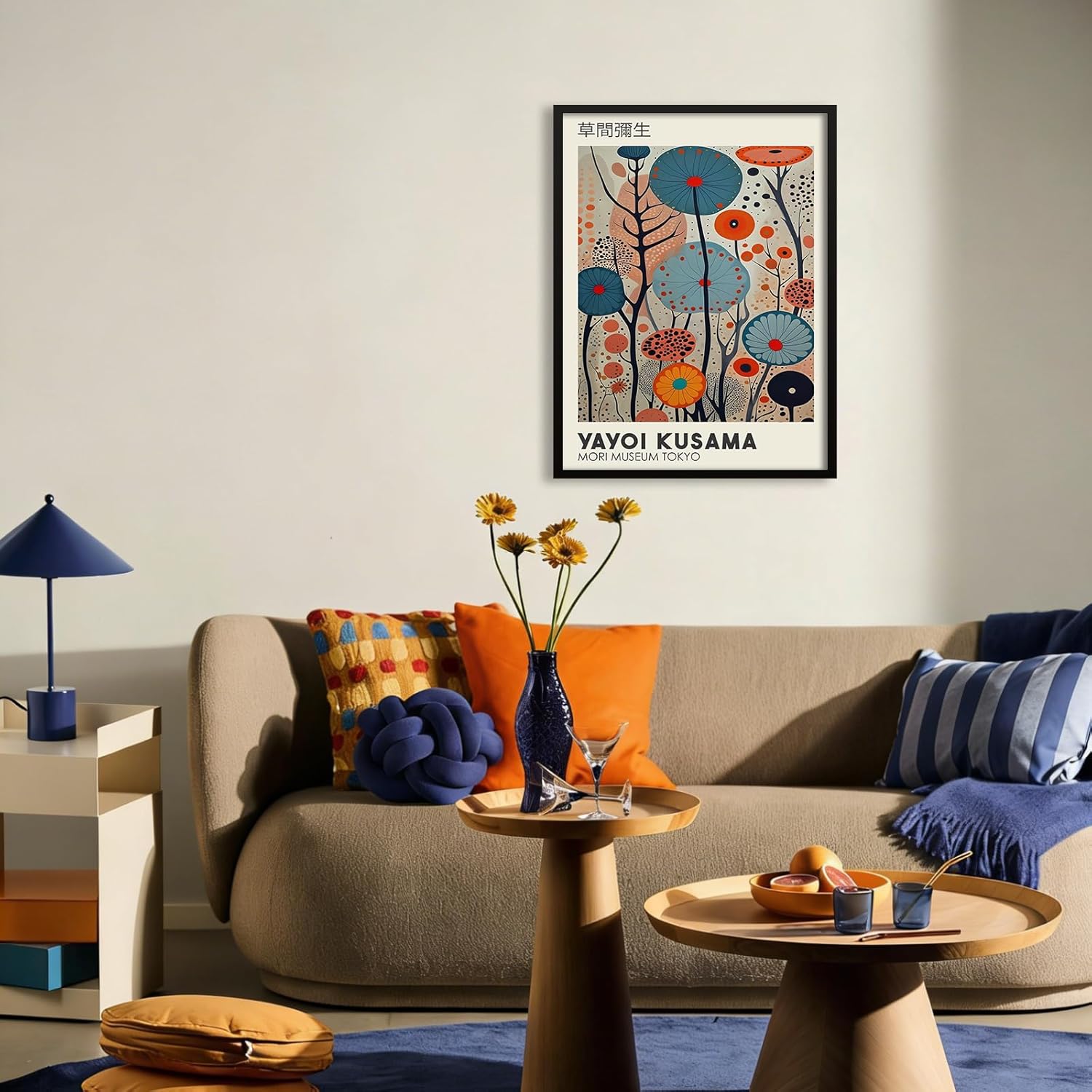 Yayoi.Kusama Canvas Wall Art Tokyo Print Ready to hang 12x16in Wrapped Black Framed Vintage Japanese Painting Modern Ukiyo-e Decor Artwork Abstract Floral Aesthetic Poster for Bedroom Office