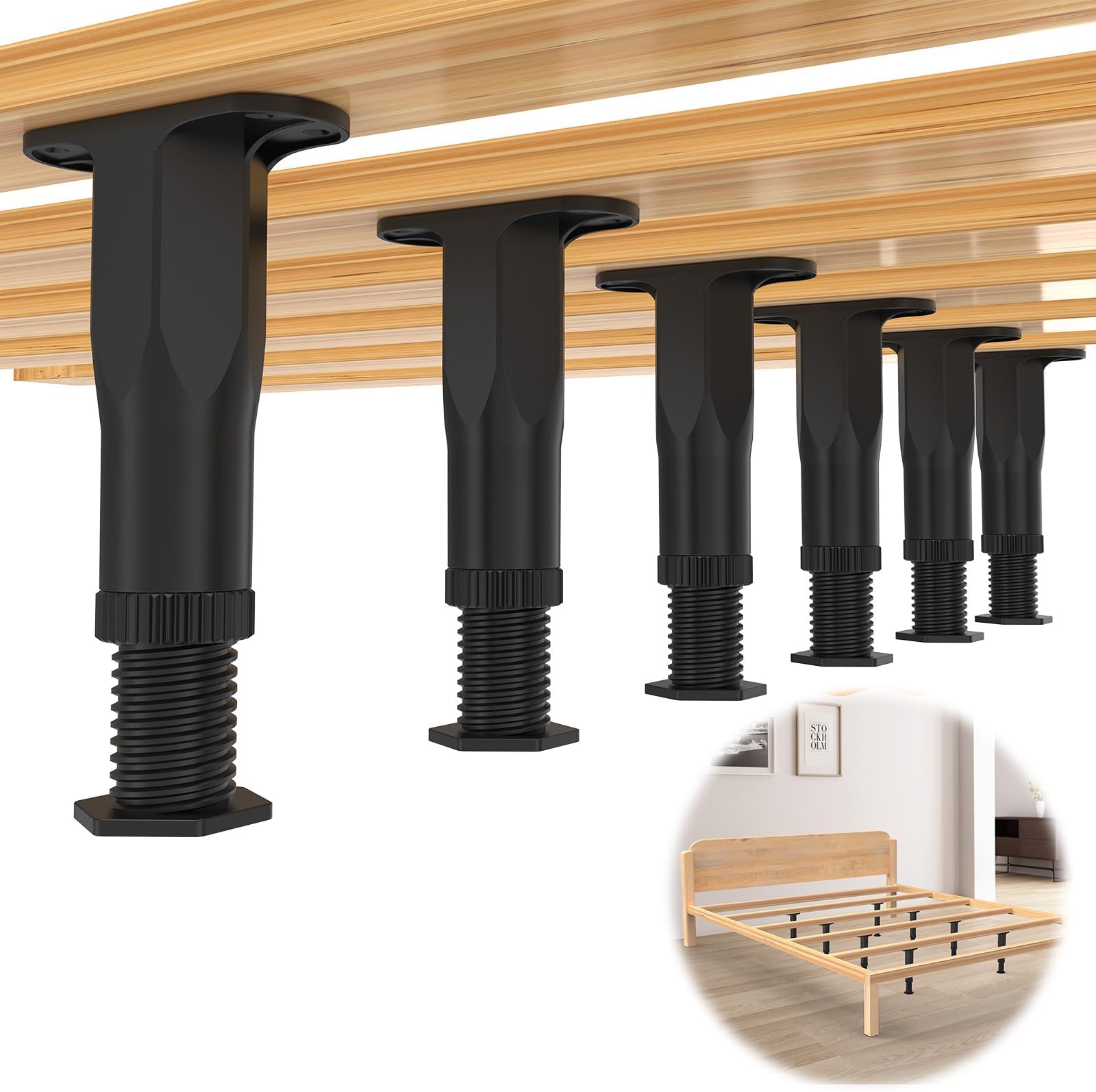 Yuleimy Replacement Bed Slats Support Legs, Adjustable Height 5.1-8.3 Inch Bed Support Leg for Queen King Beds, Non-Scratch Plastic Legs, 6 Pack