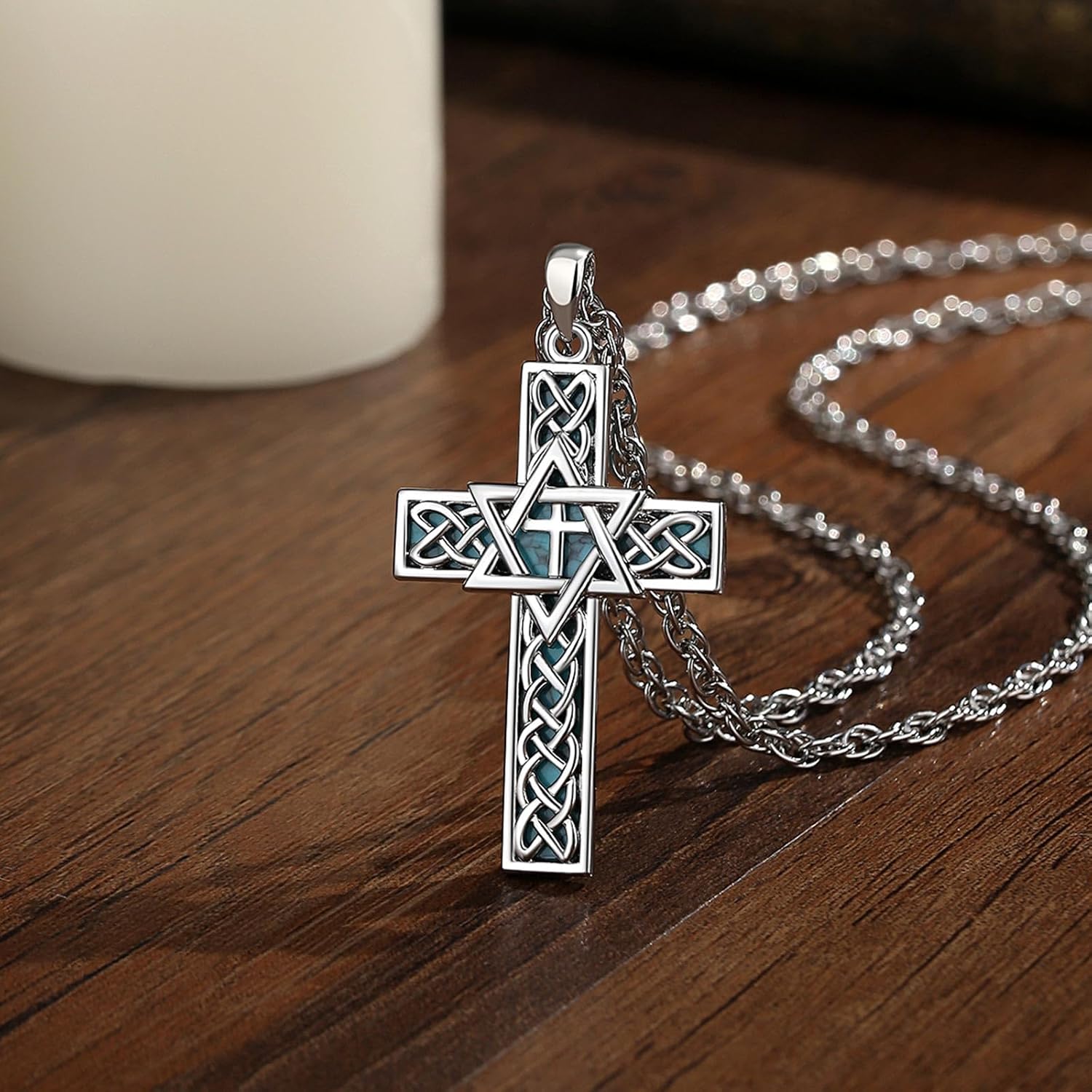 Vito Cross Necklace for Women Men, Copper Rhodium Plated Celtic Cross Star of David Pendant Deer Antler Fishing Original Jewelry Gift, 22"+2" - Image 3