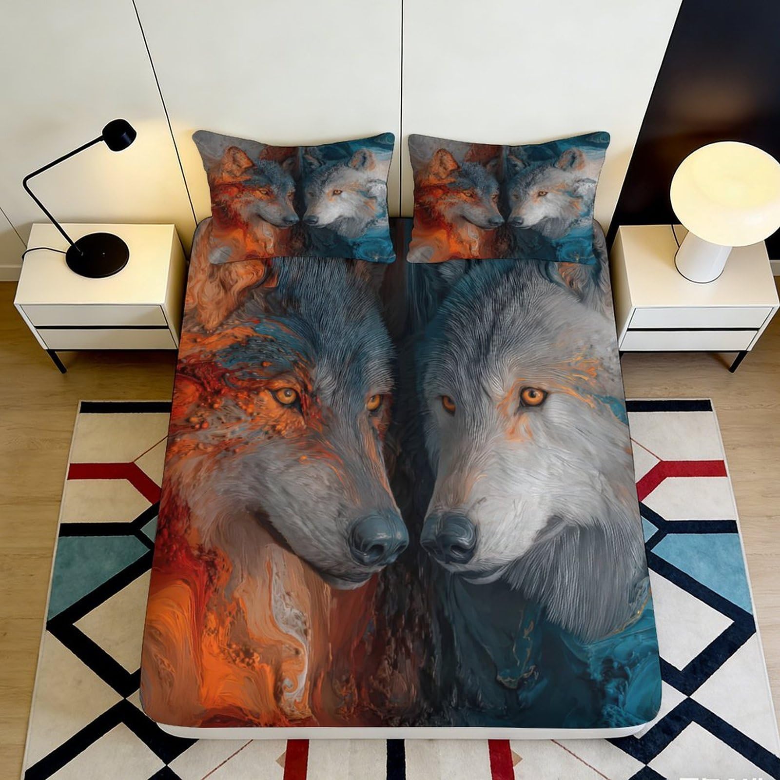 Jqzkxnhpbr Style-2 3D Printed Wolf Fire Fitted Sheet Microfiber Soft Orange Blue Animal Bed Cover For Bedroom Dorm Decor 90X200x25cm