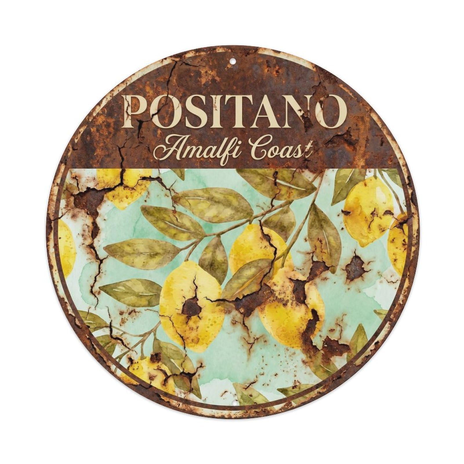 Italian Positano Campania Southern Italy Rustic Seaside Metal Tin Sign Plaque Wall Decor for Cafe, Man Cave, Club Bar, Office, Home Garden Round Metal Poster 8x8Inch