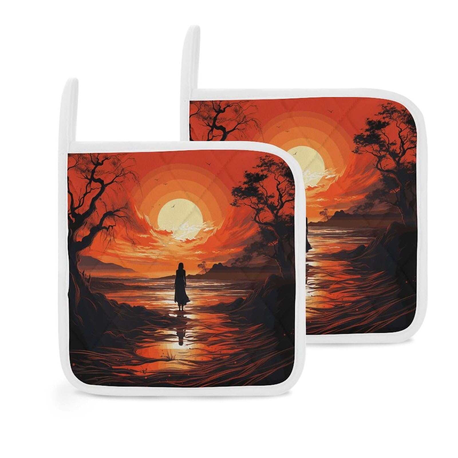 2Pcs Pot Holders for Kitchen Heat Resistant Hot Pads for Countertops Oven Flowing Silhouette Hot Holders Non-Slip Oven Potholders Set for Cooking Baking Trivet 8 Inch