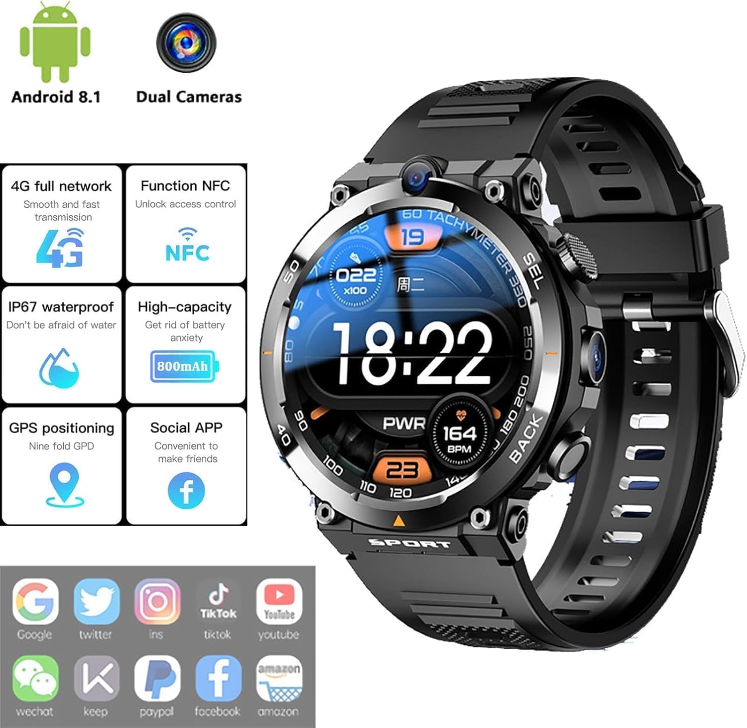Smartwatch con slot per scheda SIM, effettuare chiamate e risposte, schermo da 1,39 pollici, doppia fotocamera, cardiofrequenzimetro, GPS, regalo per uomo