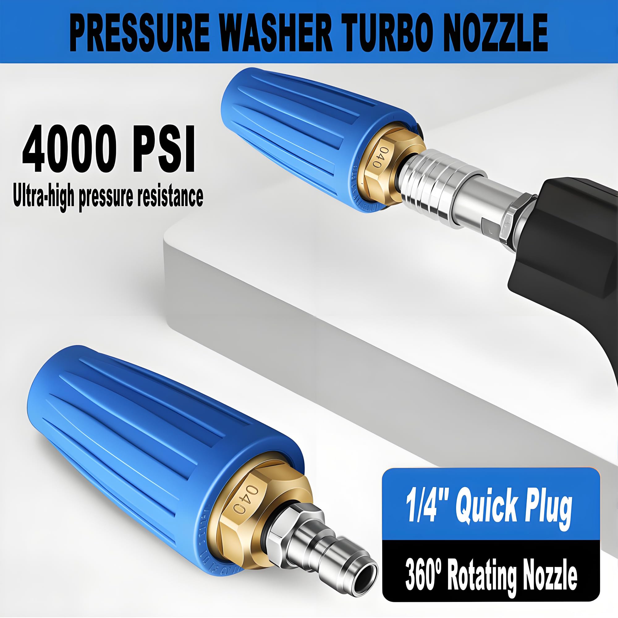 Selkie Boquilla turbo para lavadora a presión, boquilla turbo giratoria de 4000 PSI, conexión rápida de 1/4 pulgadas, 7 puntas de boquilla de pulverización y soporte de boquilla, lavado de múltiples