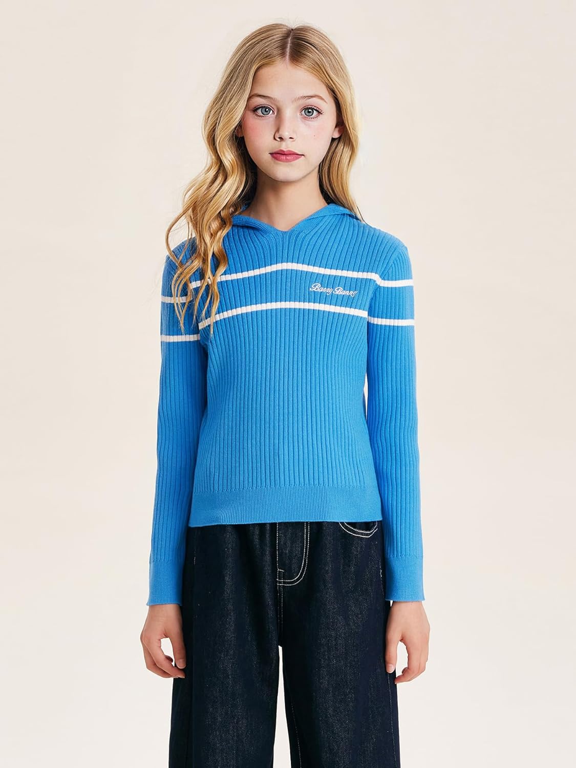 Girls Blue Ribbed Knit Pullover Sweater Hoodie with White Stripes, Kids Hooded Sweater for 6-16Y - Image 2