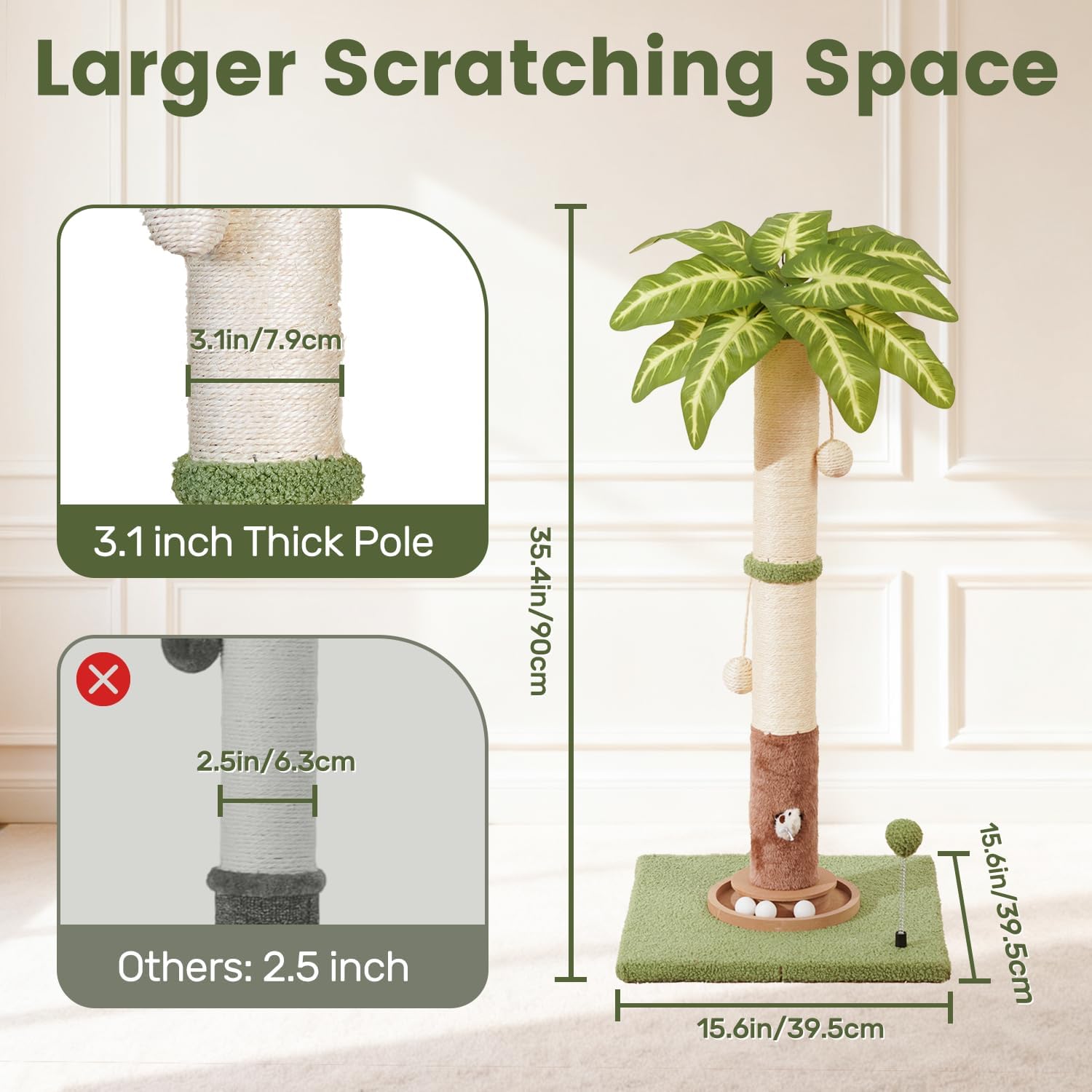 35.4" Tall Large Cat Scratching Post, Indoor Kitten Vertical Sisal Rope Scratcher Pole with Modern Aesthetic Leaf and Toy, Heavy Duty Stable Base with Multifunctional Interactive Ball Track
