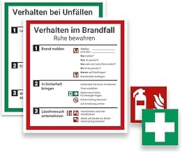 Schild Aushang Verhalten im Brandfall und Verhalten bei Unfällen als Set, Klebe Plakat 18x20cm, mit UV-Schutz, PVC-Aufkleber, ISO 7010, Betriebsaushang Notfallplan