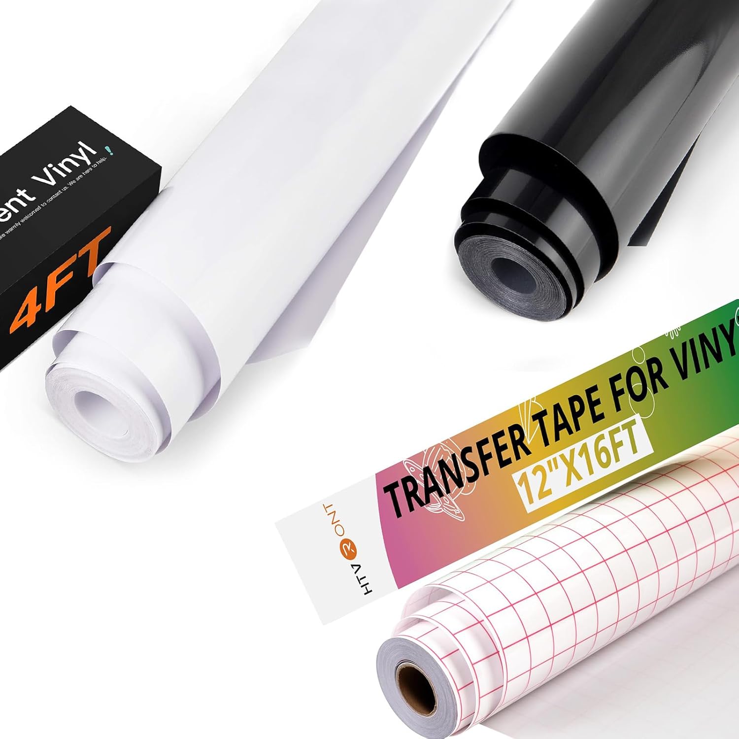 HTVRONT White Permanent Vinyl 12" x 14FT & Black Permanent Vinyl 12" x14FT & Transfer Tape 12" x 16FT