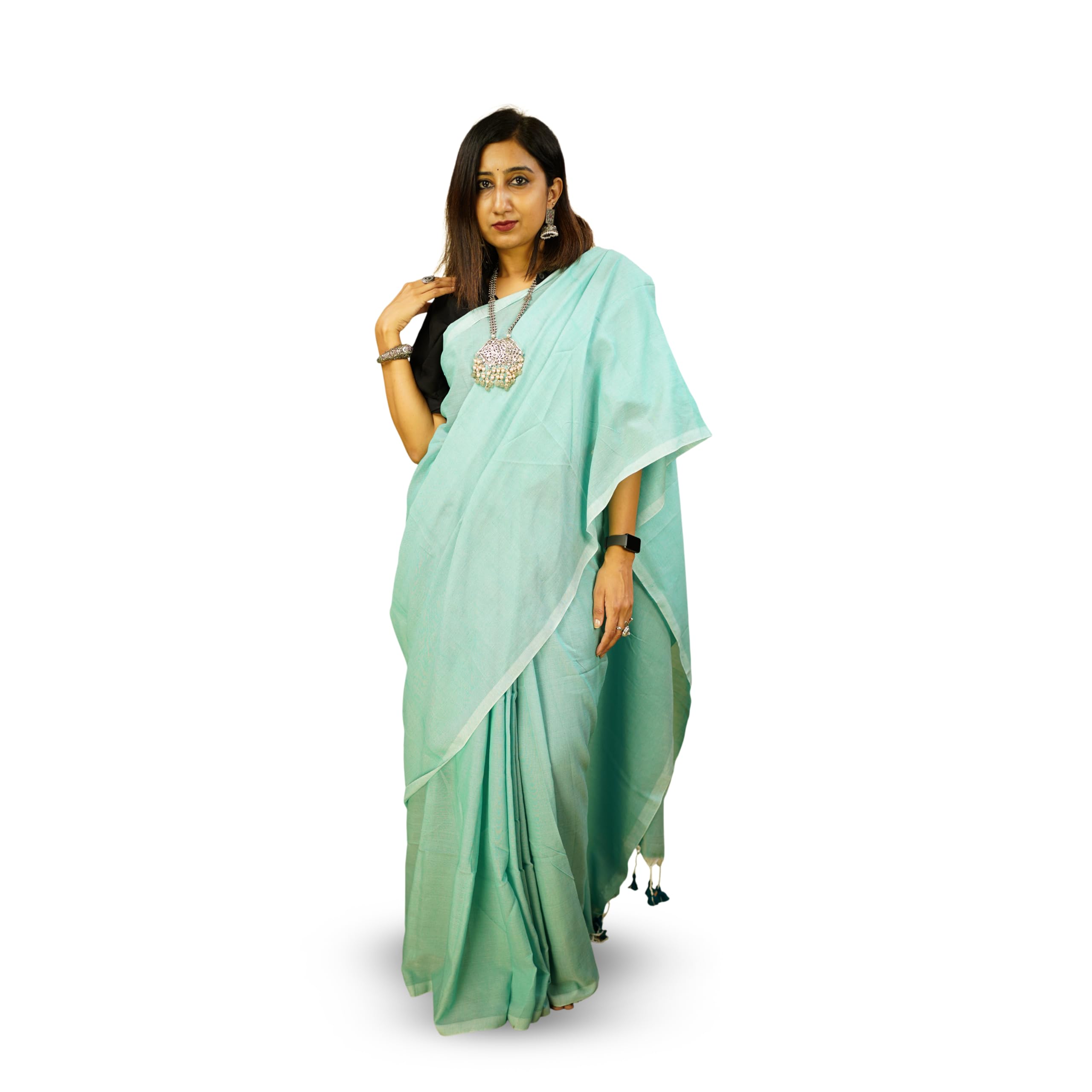 Ramya Vastram Women Cotton Plain Solid Saree | Light Blue Smooth Drape Saree | Lightweight Lustrous Ethnic Wear for Festive, Wedding, Party & Evening Occasion | Unstitched Blouse Piece-picture-14