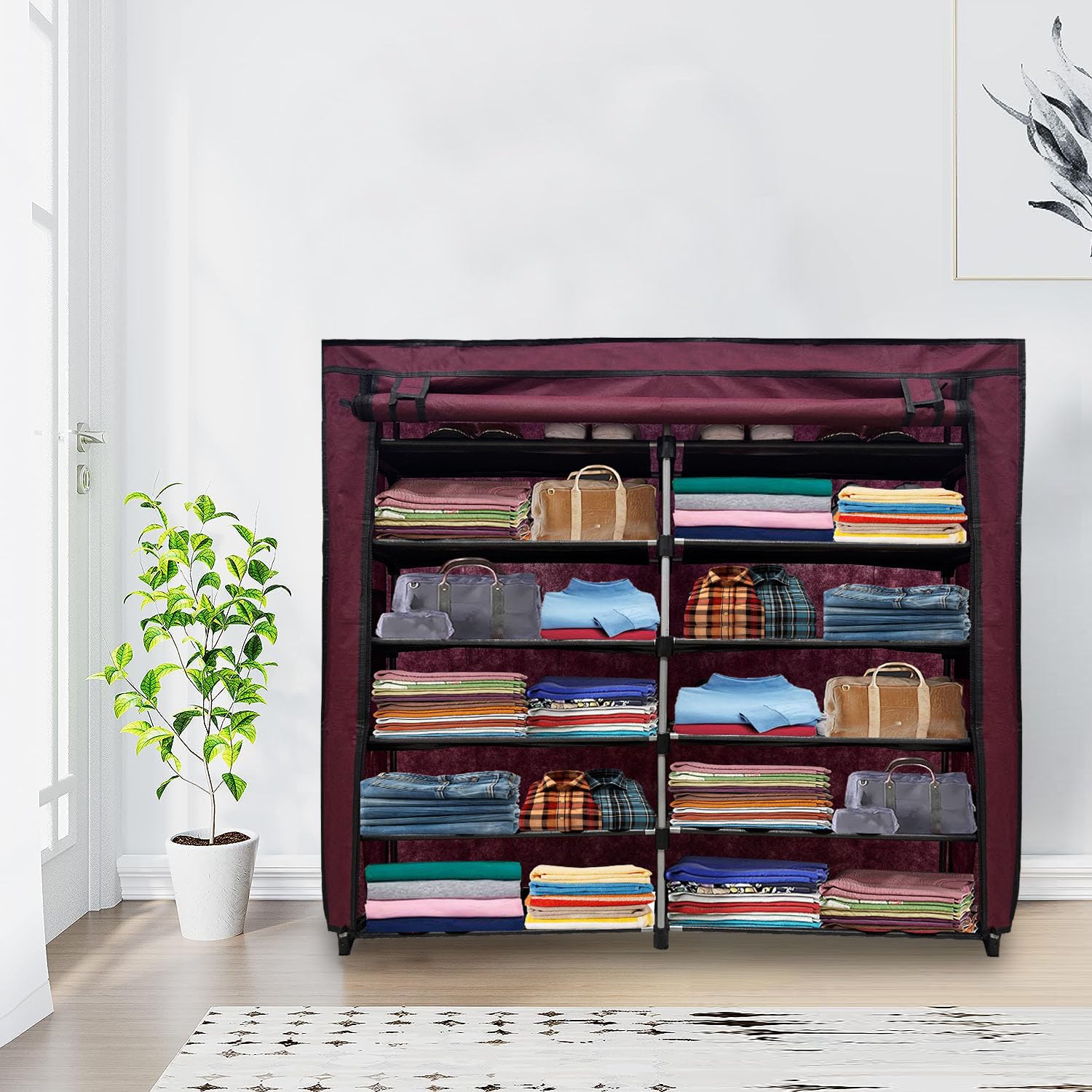 PHILOSHOP 12 Layer Collapsible Wardrobe Clothes Storage Rack Quick Wardrobe Maximize Your Space with Style for Multipurpose Use, Foldable, Collapsible Fabric Organizer DIY(Maroon)-image-6