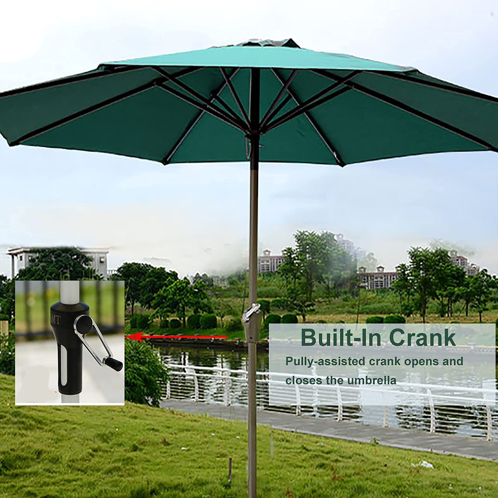 Green patio parasol, 2,7 m, ogród ochrony przeciwsłonecznej Parasol z korbą i 8 żebrami, parasol na basen plażowy pokładowy