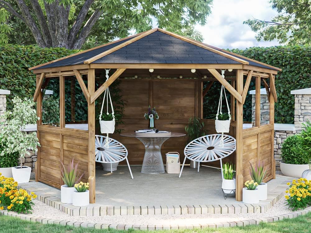 Wooden Hexagonal Gazebo with Sides Heavy Duty Garden Shelter with Roof