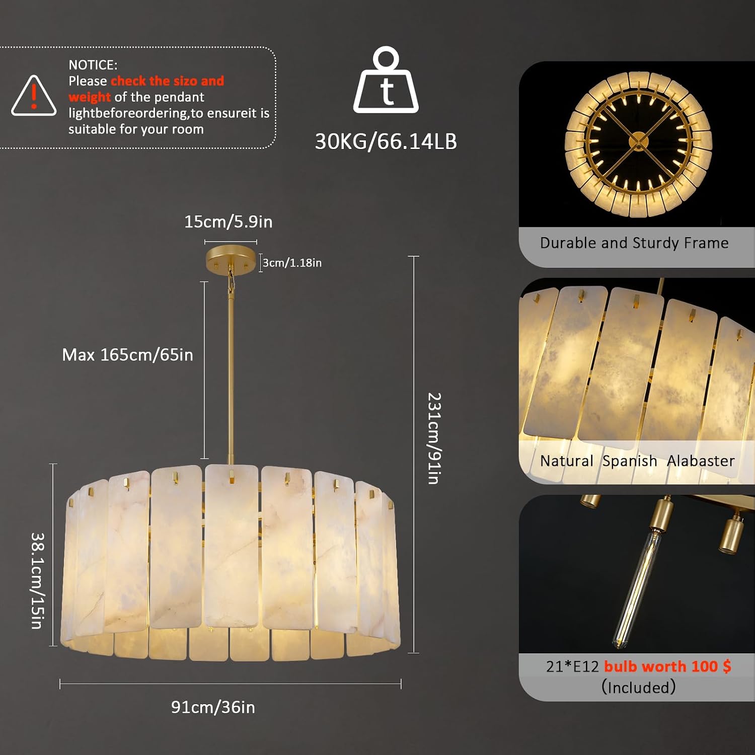 36 Inch Alabaster Chandelier, Modern Natural Stone Round Pendant Light, Real Alabaster Stone Fixture with Gold Finish for Dining Room Living Room High Ceiling, Adjustable Chain, E12 Bulbs Included