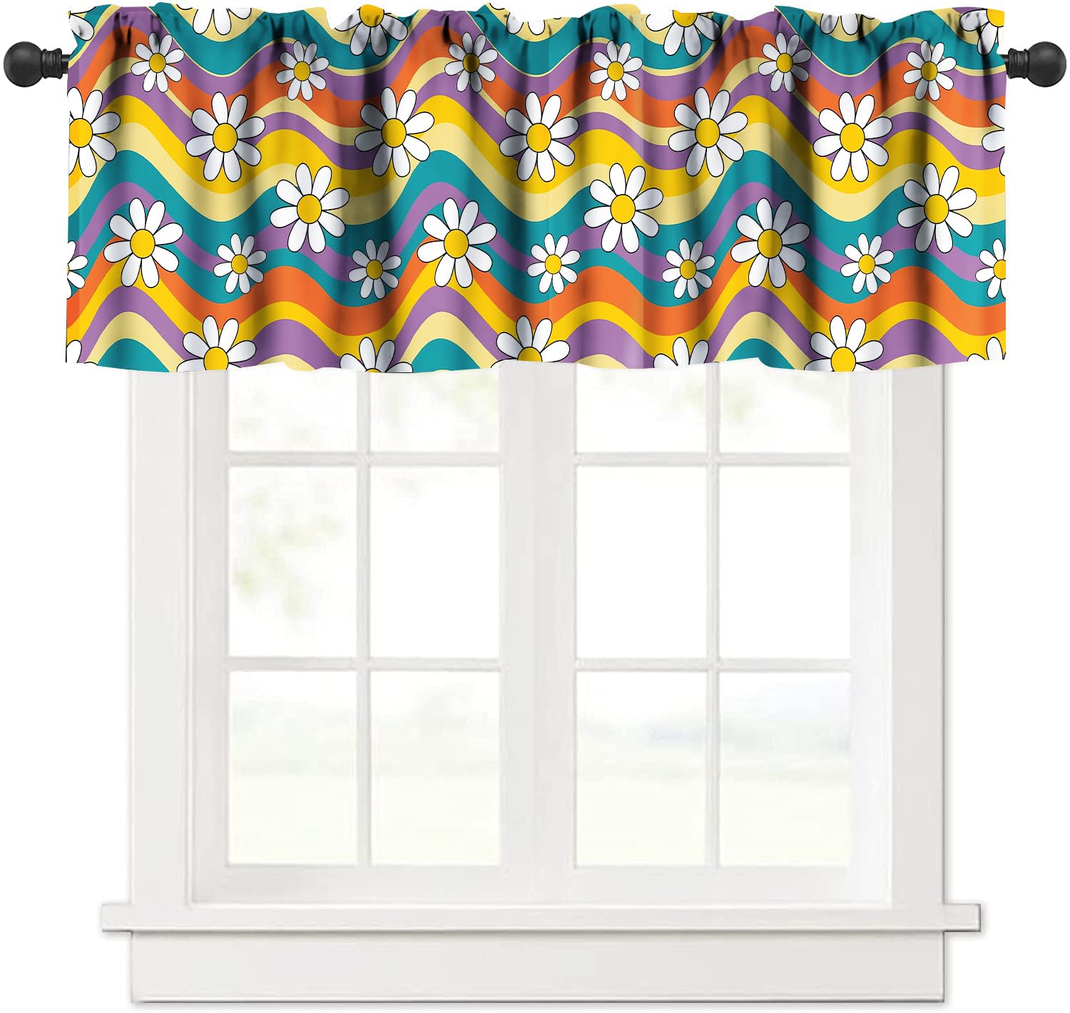 GoDazzling Cute 60s 70s Retro Rainbow Flowe Kitchen Curtain Valance, Cartoon Vintage Colorful Floral Boho Style Window Valance, for Bedroom Living