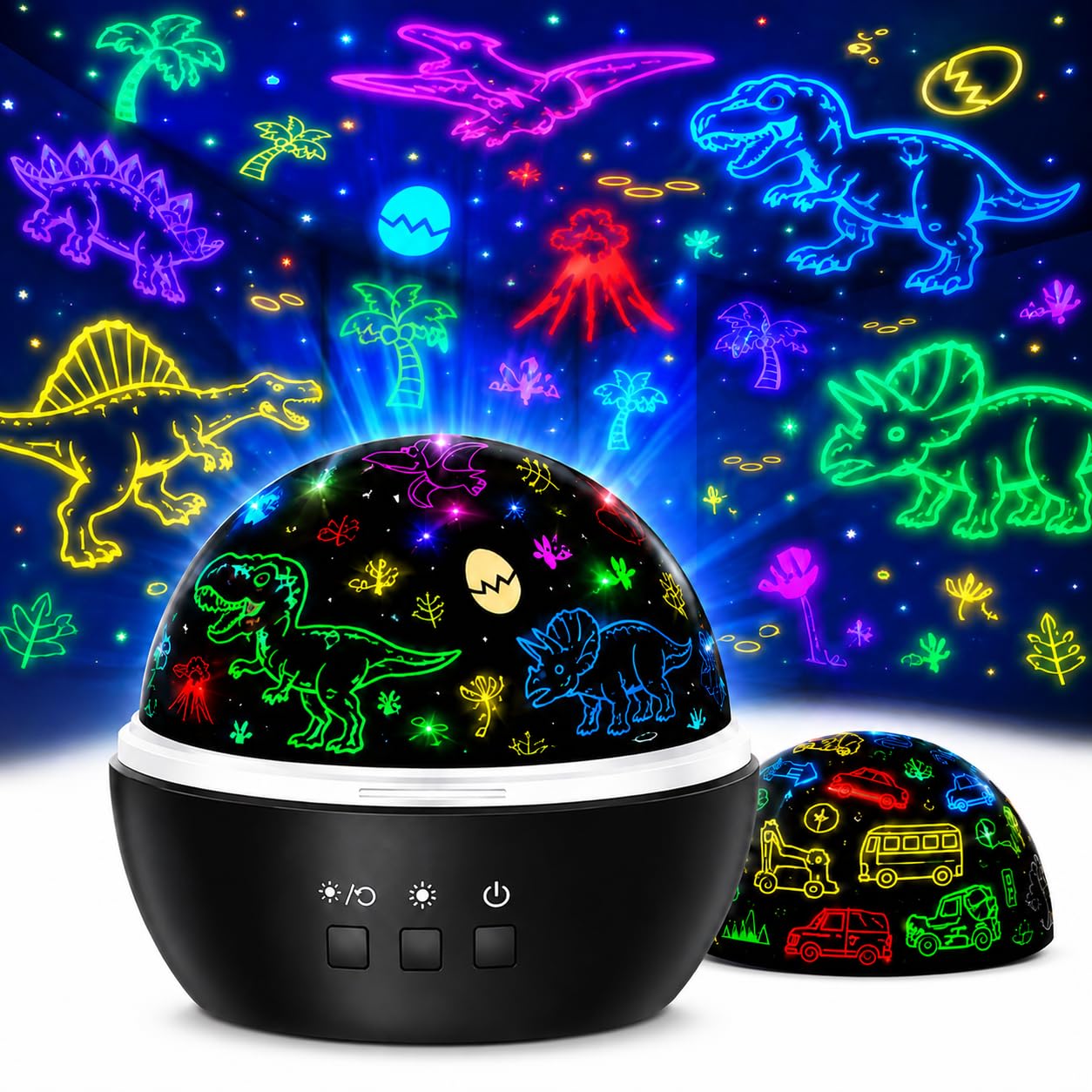 Photo 1 of MINGKIDS Night Light for Kids,2 in 1 Rotating Projector Lamp with Dino&Vehicles Theme,2 Ways to Charge,Baby Night Light Ceiling Projector for Bedroom Kids Room Decor