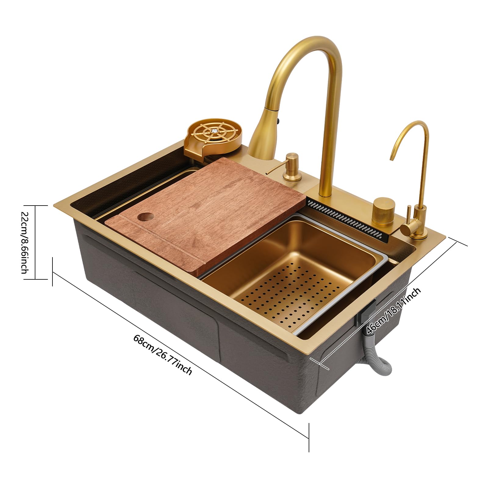 Spülbecken Küche, Kitchen Sink Modern Edelstahl Küchenspüle Wasserfall, Drei Wasserauslaufmodi, Multifunktionale spülbecken mit Ausziehbarer Wasserhahn und Entwässerungskomponente (Gold)