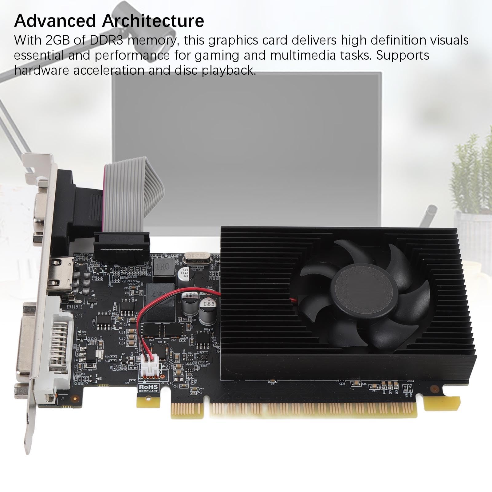 Tosuny Karta Graficzna do Komputera PC 2 GB DDR3 PCI Express 3.0 X16 Gamingowa Karta Graficzna, 128-bitowa Obsługa Dwóch Wyświetlaczy Interfejs Multimedialny VGA DVI HD, z Cichym