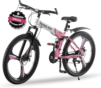 TRIOBLADE 24/26/27.5'' Folding Mountain Bike 21Speed Foldable Mountain Bicycle with Dual Disc Brakes 3 Spoke Wheels Mountain Bikes Dual Suspension Design for Adult Men Women