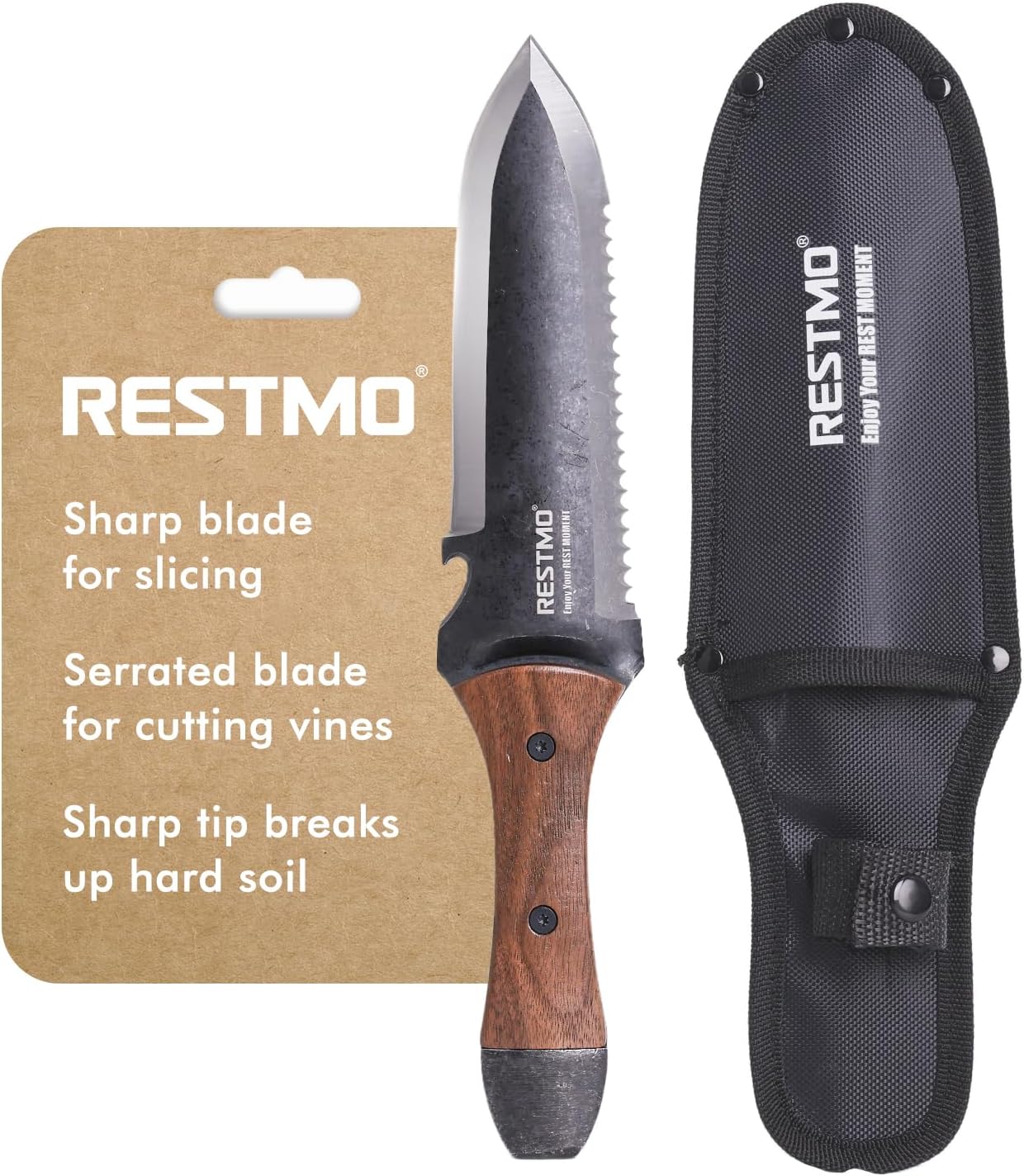 Restmo Hori Hori Garden Knife with Sheath, Durable Weeding & Planting Tool with Dual-Edge High-Strength Stainless Steel Blade, Depth Gauge, Ergonomic Walnut Handle for Gardening