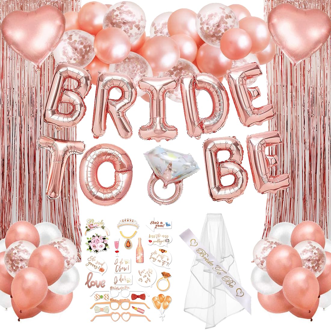 NCTDSUKAY Bachelorette Party Decorations，Bride To Be Decorations: Including Rose Gold BalloonsBride Balloons Veils Shoulder Straps Photo Props And Tin