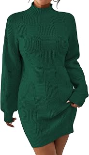 Women's Mock Neck Sweater Dress 2025 Lantern Long Sleeve Loose Plaid Cocktail Party Knit Mini Dress Outfits