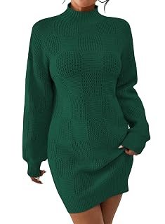 Pink Queen Women's Mock Neck Sweater Dress 2025 Lantern Long Sleeve Loose Plaid Cocktail Party Knit Mini Dress Outfits - Amazon product rated Grade A