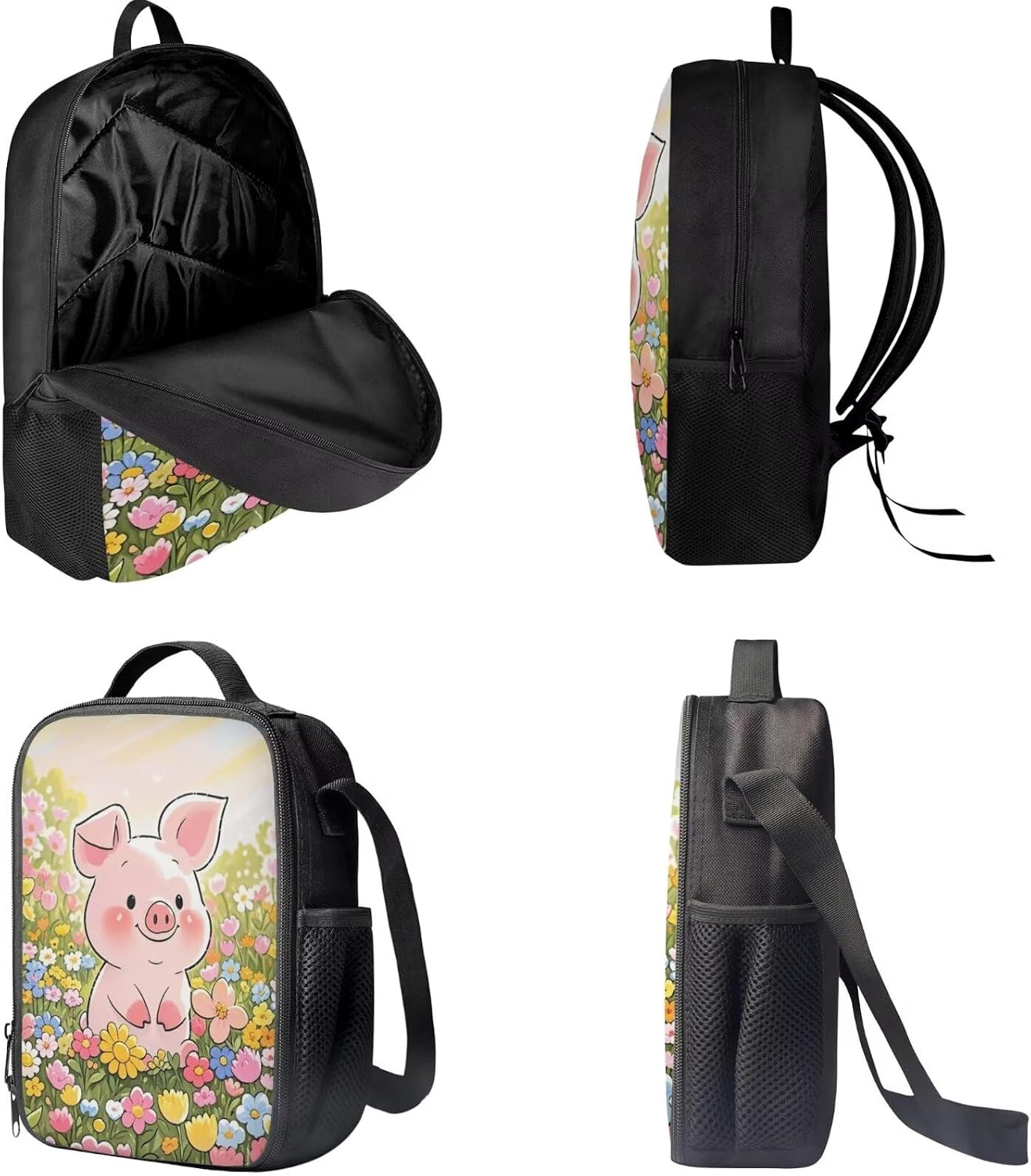 Coloranimal Cute Flower Pig School Backpack with Lunch Box And Pencil Case 3 Pcs School Bookbag Kawaii Kindergarten Elementary Schoolbag for Boys Girls Lightweight 17 Inch Daypack
