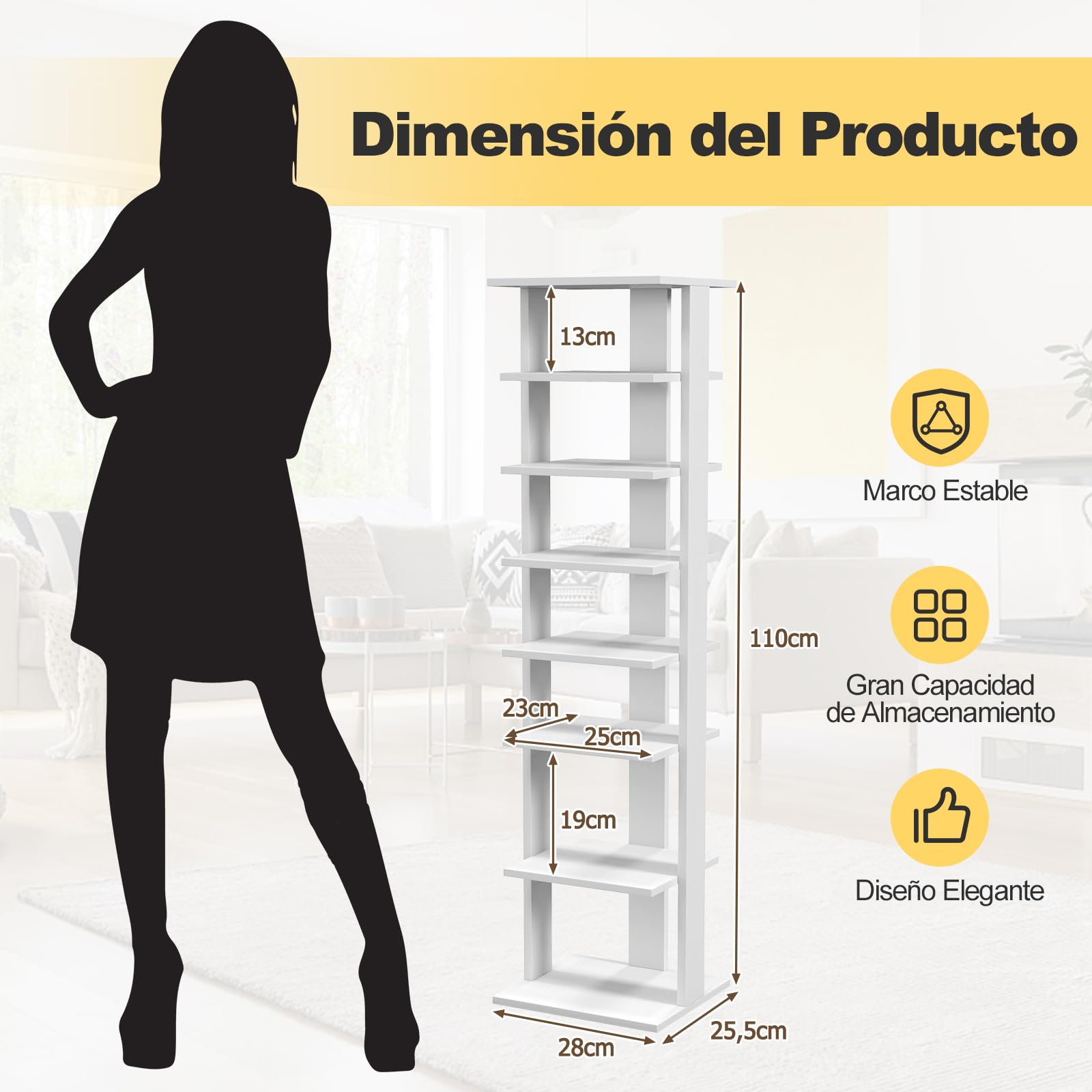GIANTEX Zapatero Vertical de Madera 8 Niveles, Organizador de Zapatos Compacto Ahorra Espacio, Estantería para 7 Zapatos, Zapatero Estrecho para Entrada, Pasillo (Blanco, 28 x 25,5 x 110 cm)
