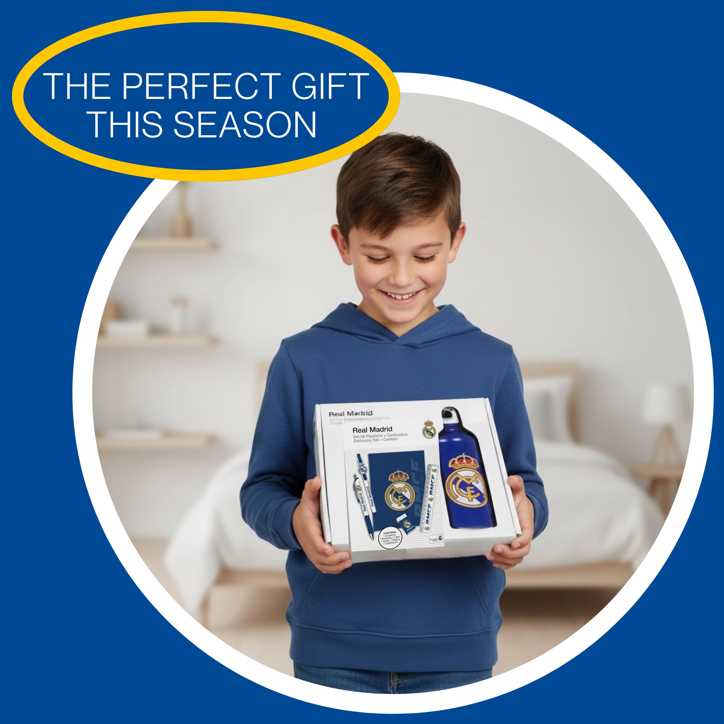 CF REAL MADRID Juego de Papelería para Niños, Incluye Cuaderno Boligrafos Regla Borrador y Botella Cantimplora 650ml, Regalo para Niños