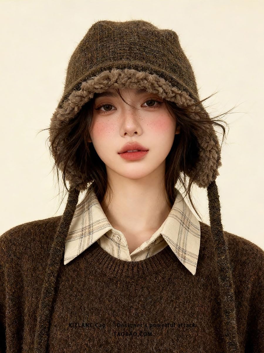 Women Winter Fleece Beanies Hat with Ear Flaps Soft Warm Crochet Skull Cap
