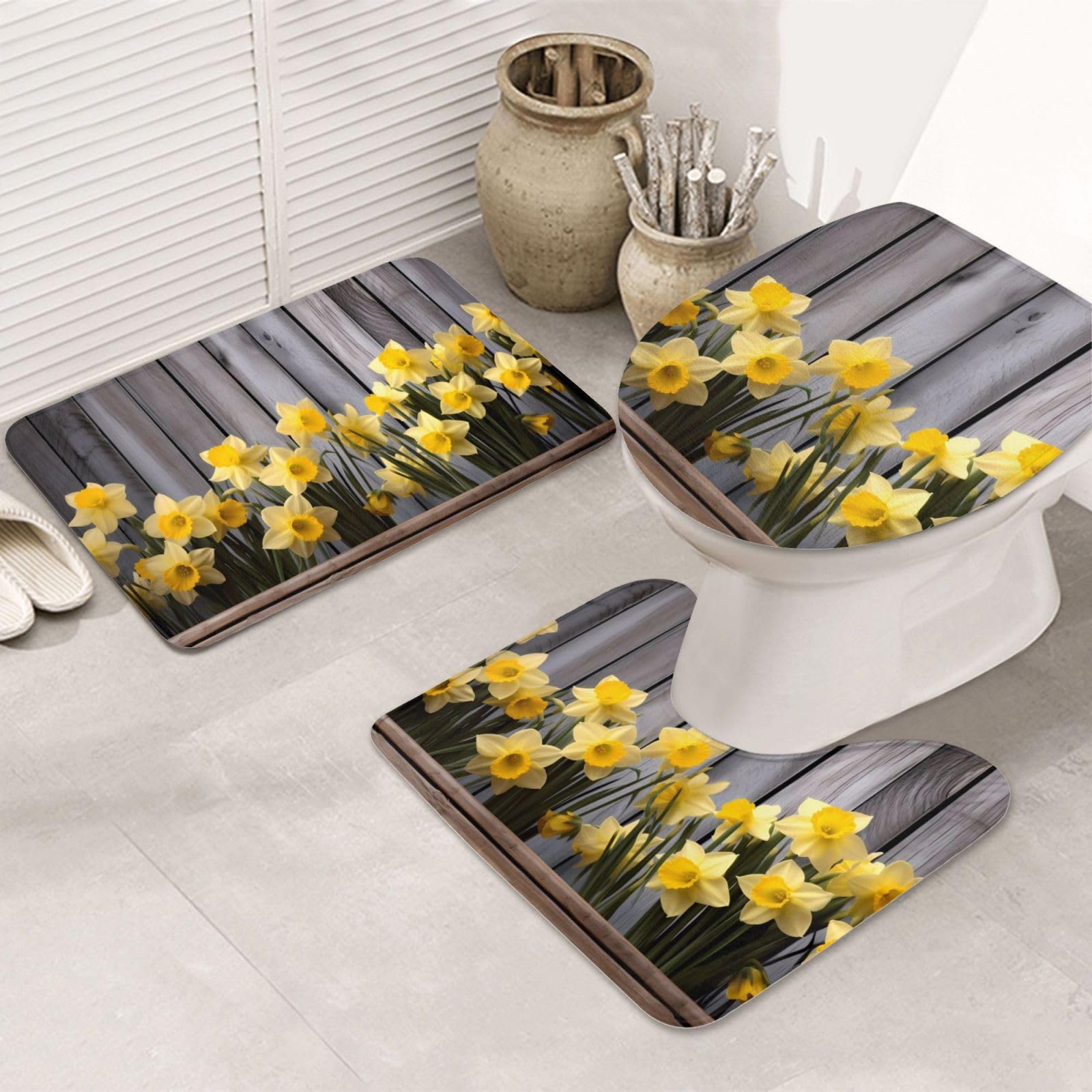 Set di 3 tappetini da bagno con bouquet di narcisi in flanella morbida antiscivolo con coperchio per la decorazione della casa