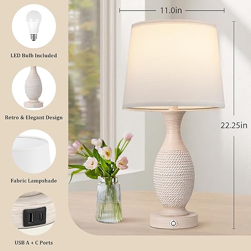 Miniatura 6 de Seealle Juego de 2 lámparas de noche de 22.2 pulgadas con USB C+A, lámparas táctiles regulables para mesitas de noche, dormitorio, sala de estar