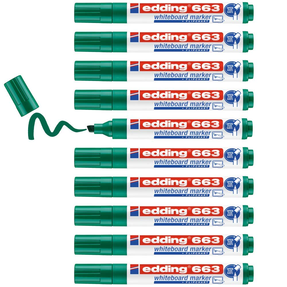 edding 363 marcador para pizarras blancas - verde - 10 rotuladores - punta biselada 1-5 mm - rotulador para pizarra blanca, borrado en seco - pizarra blanca, flipchart, tablón de notas - recargable