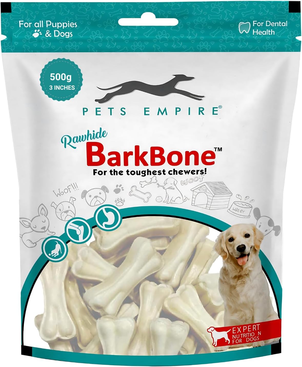 PETS EMPIRE Rawhide Pressed Chew Dog Bone Pack 3 Inches, Chewy Dogs Training and Feeding Treats, Crunchy Chew Calcium Bones, Pet Haddi Treat for Dogs, Pups, Puppies - 500g