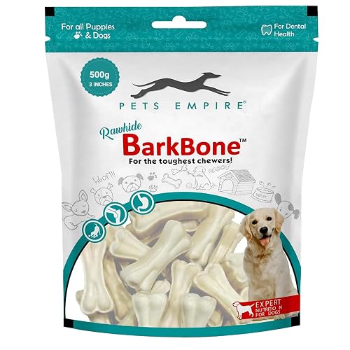 PETS EMPIRE Rawhide Pressed Chew Dog Bone Pack 3 Inches, Chewy Dogs Training and Feeding Treats, Crunchy Chew Calcium Bones, Pet Haddi Treat for Dogs, Pups, Puppies - 500g